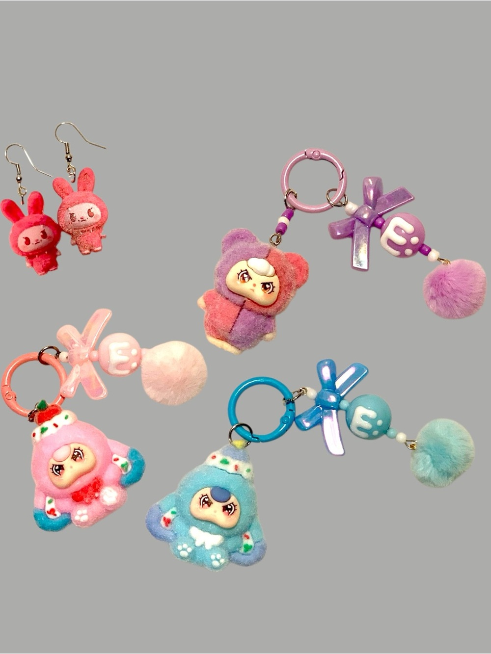 3 Baby Three Lot Character Keychains with Bow and Pom & 1 pair Fishhook Earrings